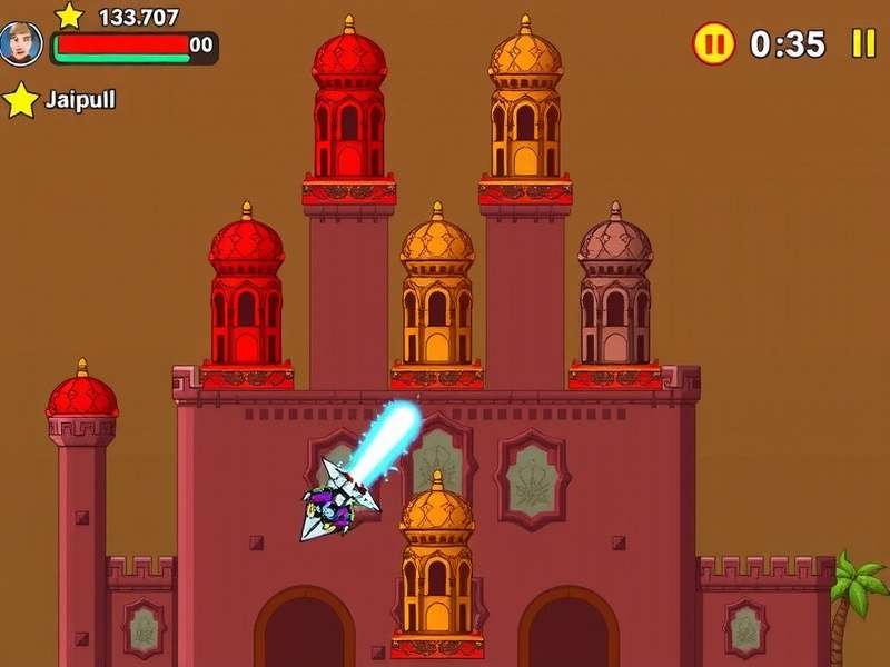 Zip Defender Jaipur Joust game screenshot showing Jaipur's forts and defensive towers